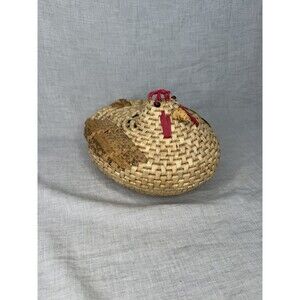 Vintage Rooster Chicken Handmade Woven Wicker Basket W/Lid Boho Rattan Farmhouse